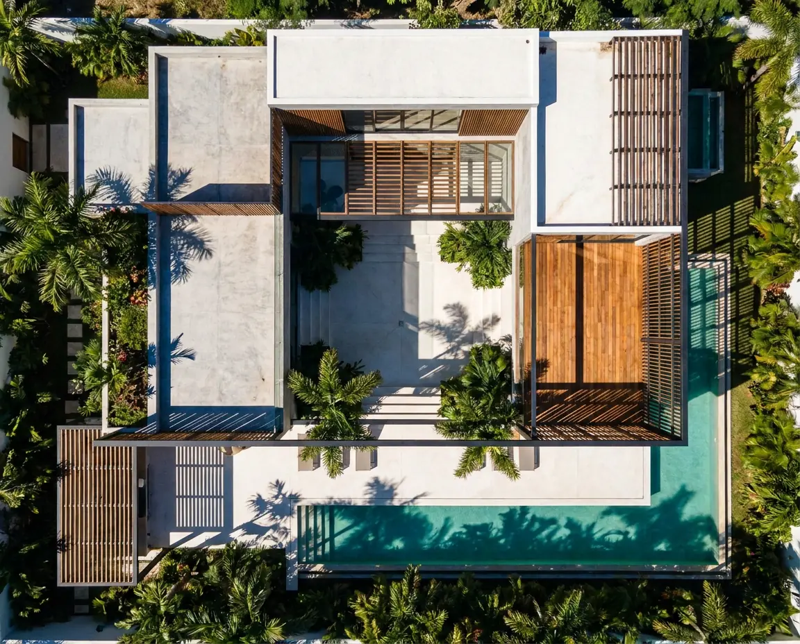 A courtyard house from above, palm shadows across its terraces
