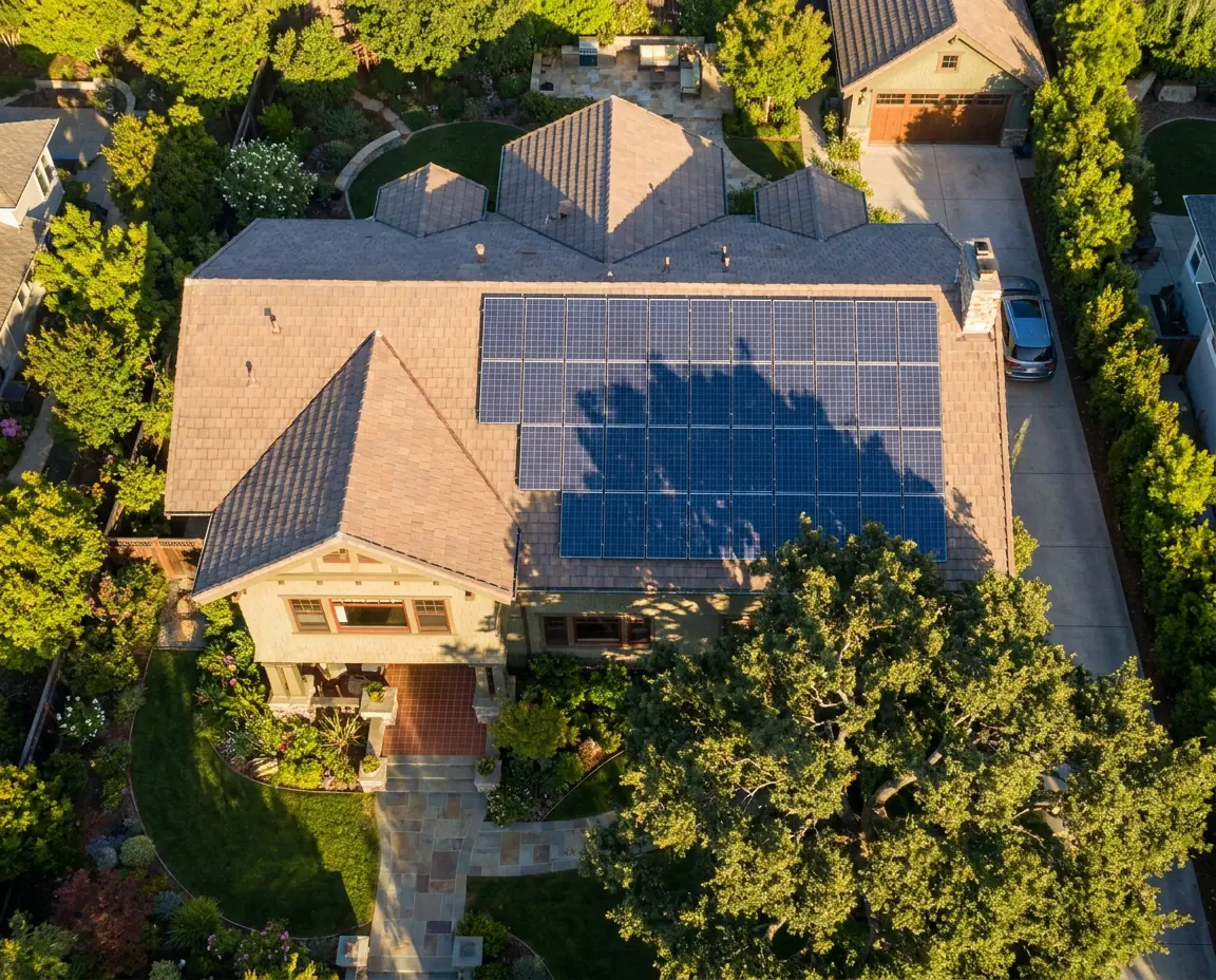 Solar panels on a roof, a tree's shadow falling across them